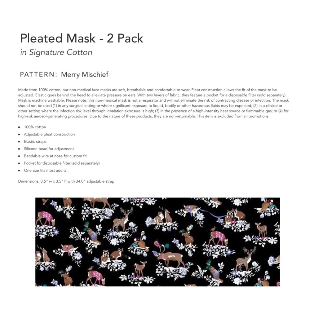 Vera Bradley Merry Mischief Pleated Face Masks